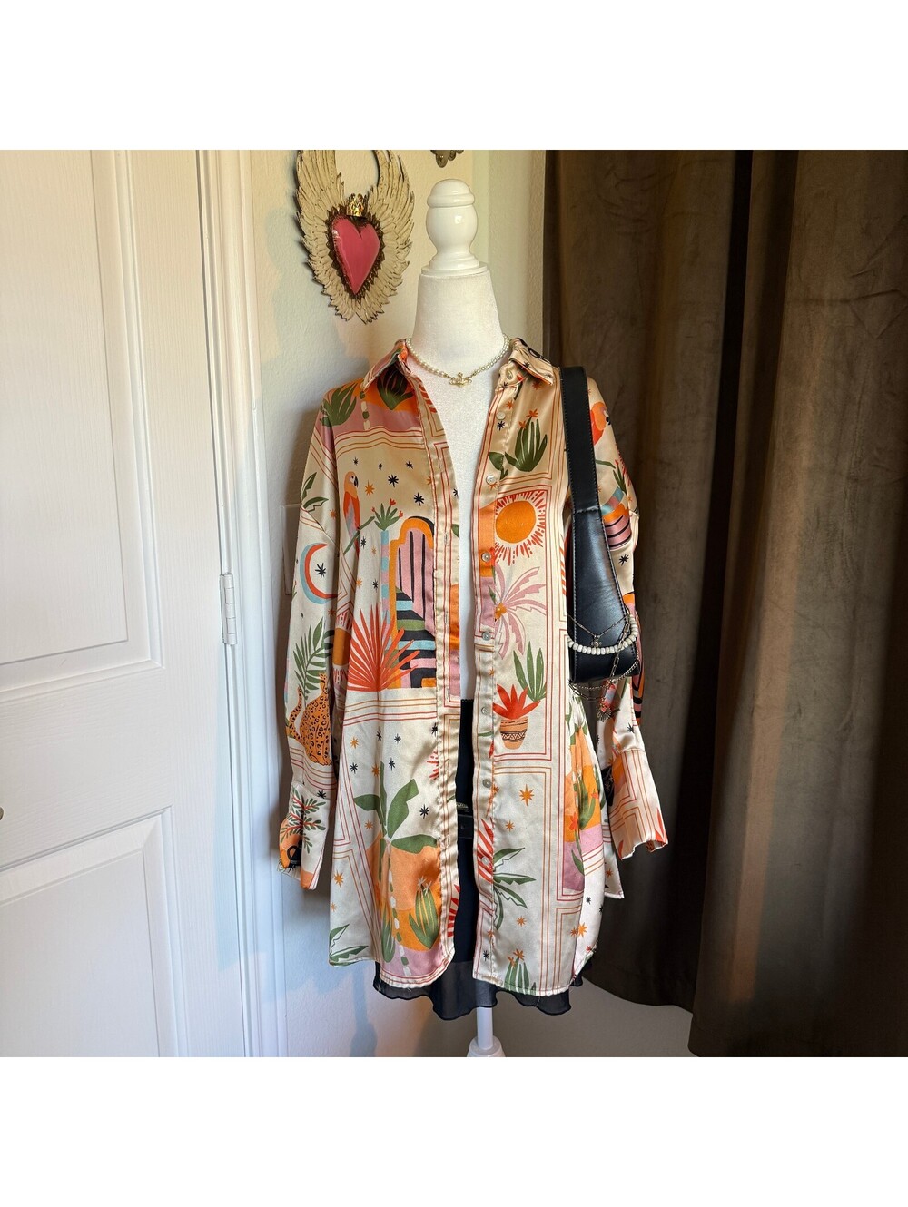 House of Harlow 1960 Women's Medium Button-Up Shirt Dress with Colorful Tropical